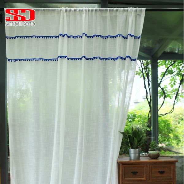 2019 White Tulle Curtains For Living Room Blue Cute Balls Tassel
