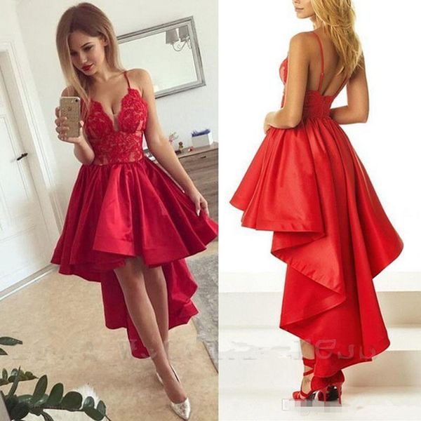 

high low red prom dresses short front long back spaghetti straps lace satin girls party gowns 2019 special occasion, Black