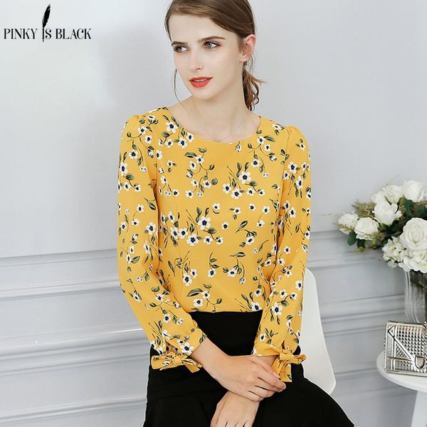 

pinky is black chiffon shirt women tie sleeve blouse top fashion vintage floral print yellow blouse shirt chemise blusa feminina, White