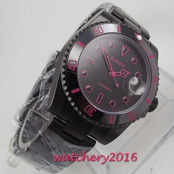 

40mm bliger black dial ceramic bezel sapphire glass pvd case pink marks date automatic movement men's watch, Slivery;brown