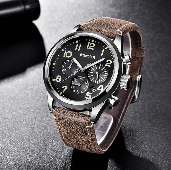

benyar chronograph watch men sport watch waterproof business men wrist clock male hodinky erkek kol saati, Slivery;brown