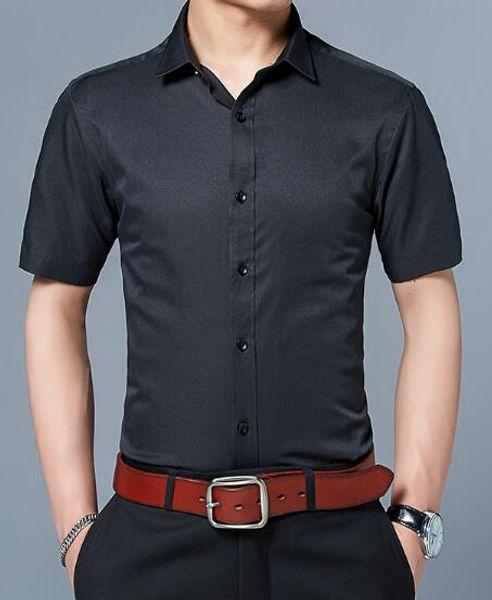 

2018 summer new youth men's short-sleeved thin solid color stitching business shirt male professional working, White;black