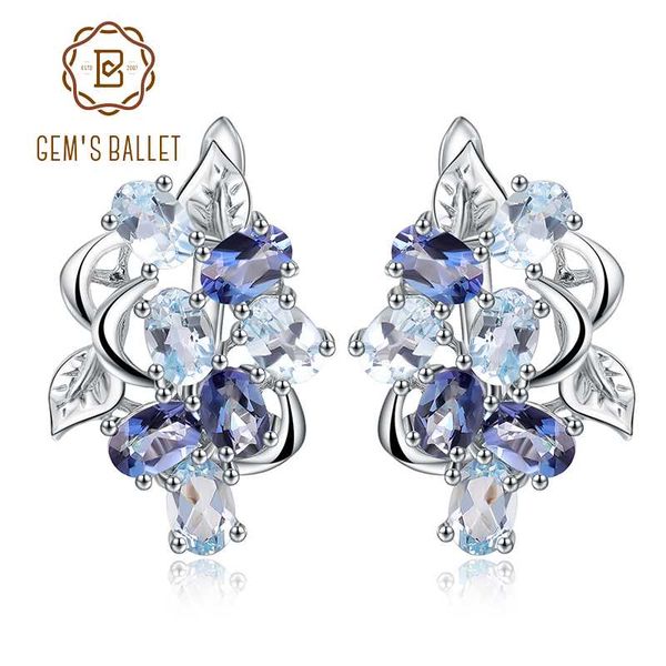 

gem's ballet natural sky blue z mystic quartz flower stud earrings 925 sterling silver earrings for women fine gift, Golden;silver