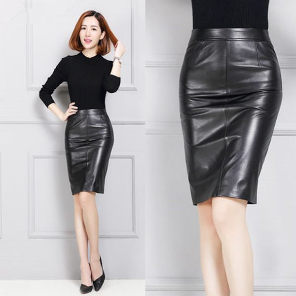 

women sheepskin slim hip over-the-knee genuine leather skirt, Black