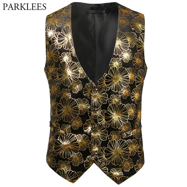 

floral bronzing suit vest men 2018 brand new slim fit wedding waistcoat vest mens stage singer wear vests chalecos para hombre, Black;white