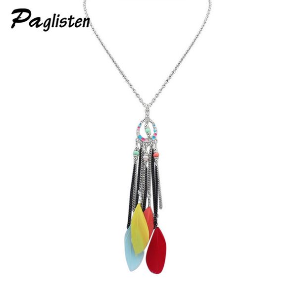 

2017 fashion retro bohemian color feather clavicle chain european and american fashion geometric beads fringed necklace, Silver