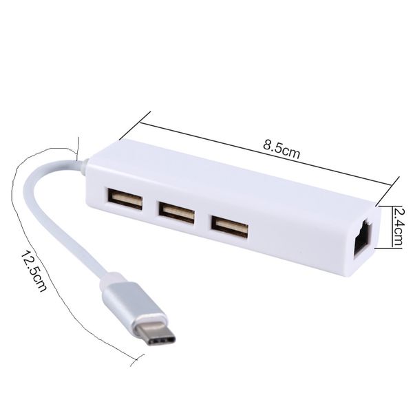 Type C à 3 Ports Rj45 Ethernet Hub USB 2.0 Câble Adaptateur Réseau pour Périphériques USB Type-C pour Ordinateur Câble Blanc