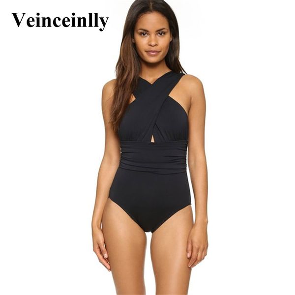 

2017 black s - 4xl plus size swimwear women large size one piece swimsuit female halter cross neck bathing suit swim wear v109, White;black