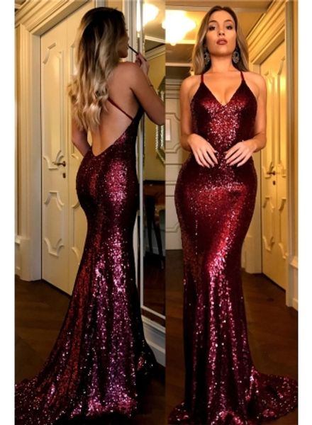 

2018 dark red sequined long mermaid prom dresses open back custom spaghetti straps formal evening party wear floor length, Black