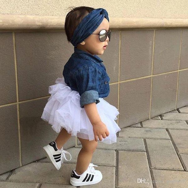 

summer baby clothing suit kids girls denim shirt gauze tulle skirt with headband child kid babies outfits clothes set 4161, White