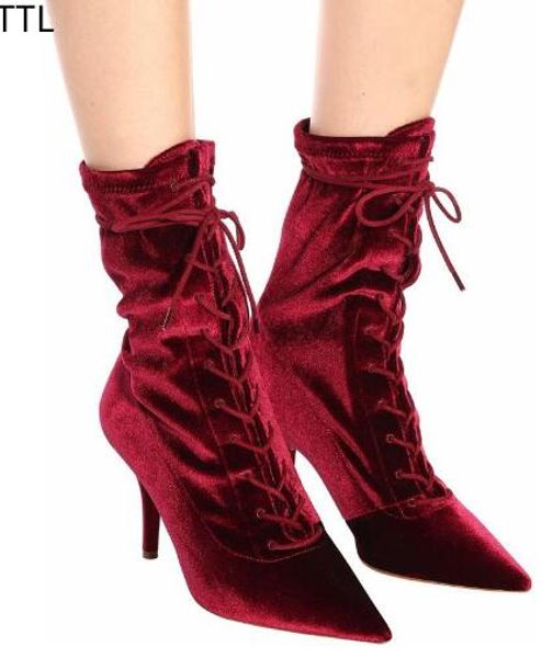 2018 Yeni Kırmızı Kadife Lace Up Ön Patik Sokak Stilleri Sivri Burun Kadın Çizmeler Stiletto Yüksek Topuklu Ayakkabılar Kadın Ayak Bileği Botas Mujer
