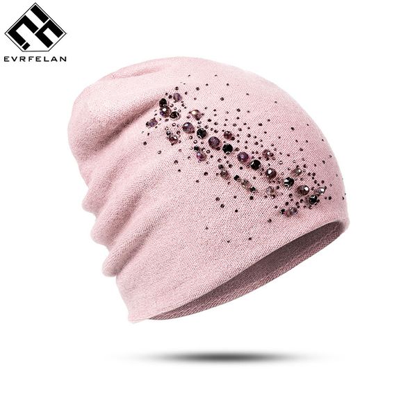 

evrfelan hat female women wool rhinestone 2018 new winter knitted beanie cap for girls skullies bonnet femme, Blue;gray
