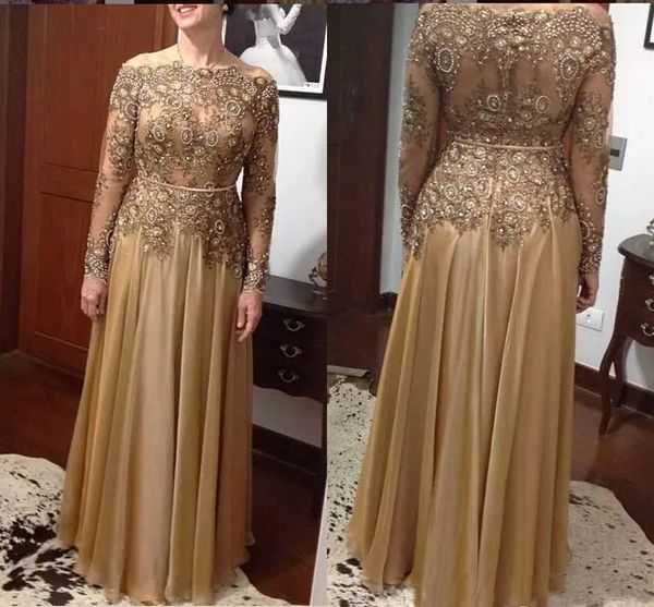 

Gold Lace Bead Mother of the Bride Dresses Mother of Groom Dress Plus Size Long Sleeves Scoop Evening Party Gowns