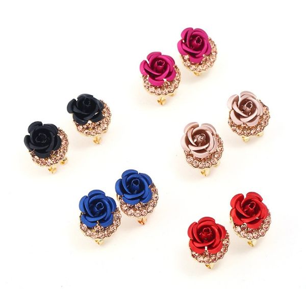 

earrings for girls /ladies 18k gold plated rhinestone decorated metal painting rose stud earrings, Golden;silver