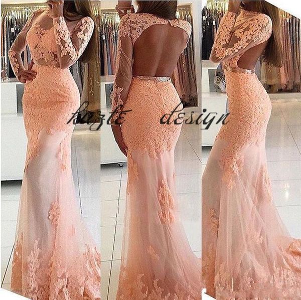 

sheer blush peach lace mermaid prom dresses crew neck appliques backless long sleeves formal evening gowns vestidos de fiesta, Black;red