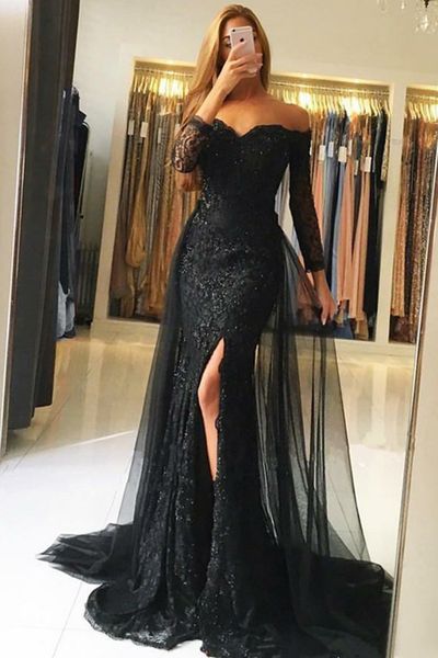 

new sheath off-the-shoulder long sleeves black tulle prom dresses 2019 lace side split appliques special occasion formal gowns sweep train