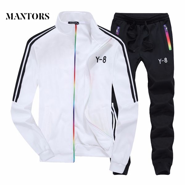 

men sets casual 2018 new brand male jackets+pants 2pcs sets autumn winter striped print men's sportswear tracksuit stand collar, Gray