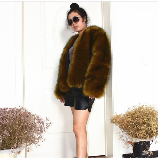 

women new long sleeve faux fox fur slim coat, Black