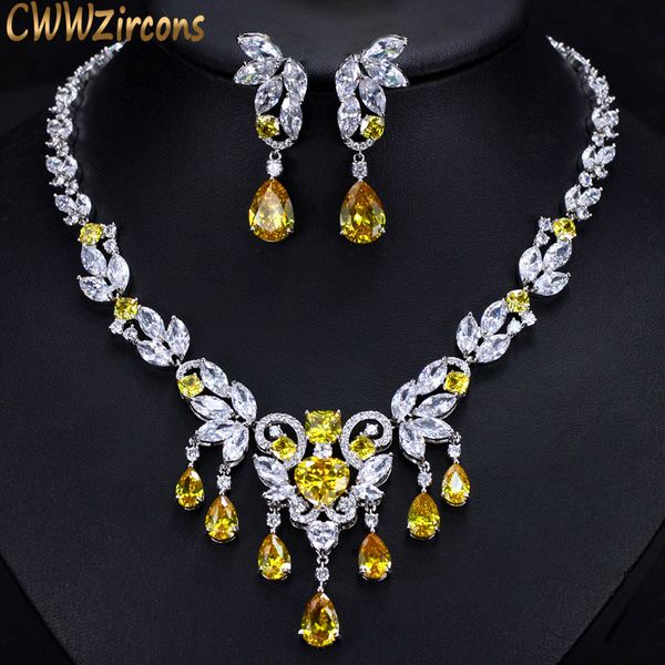 

cwwzircons yellow cubic zirconia african luxury tassel drop wedding necklace jewelry sets for brides t290, Slivery;golden