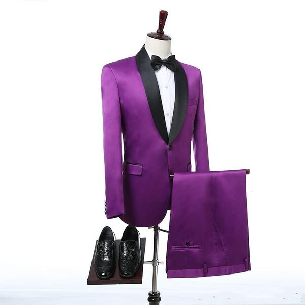 Brand New Roxo Homens Smoking Do Casamento Excelente Noivo Smoking Com Lapela Preta Homens Formal Blazer de Jantar 2 Peça Terno (Jaqueta + Calça + Gravata) 54