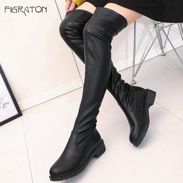 

figraton women over the knee boots autumn winter leather pu fashion slip on thick platform thigh high shoes square med heels, Black