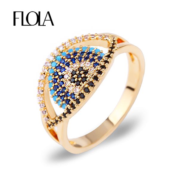 

flola gold vintage micro pave evil eye ring blue black mixed cz new year lucky turkish women ring ethnic halka jewelry rige78, Golden;silver