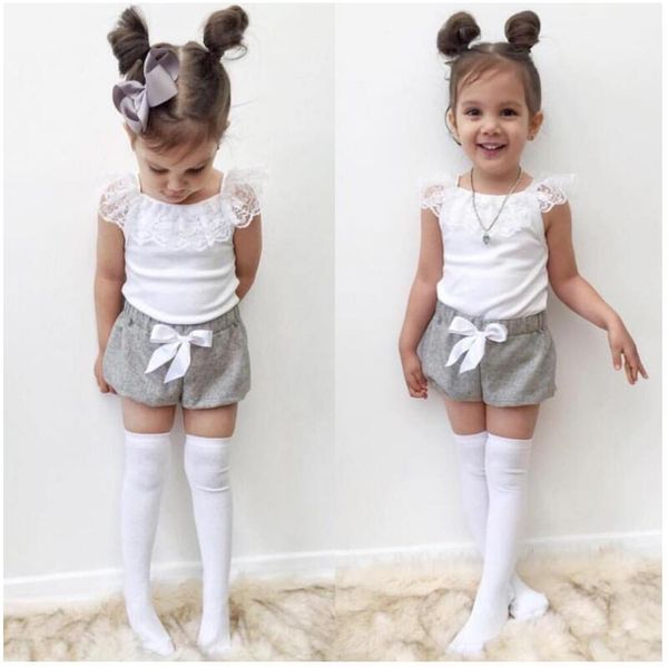 

girl summer lace t-shirt + short pants set baby girl sleeveless t-shirt two pieces kids summer suit children clothes baby clothing cnu 003, White