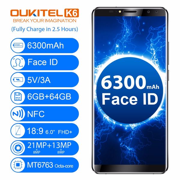

Face id oukitel k6 21mp 13mp camera fingerprint 6gb 64gb octa core mtk6763 6 0 inch 2160 1080 fhd 18 9 full creen nfc 6300mah martphone