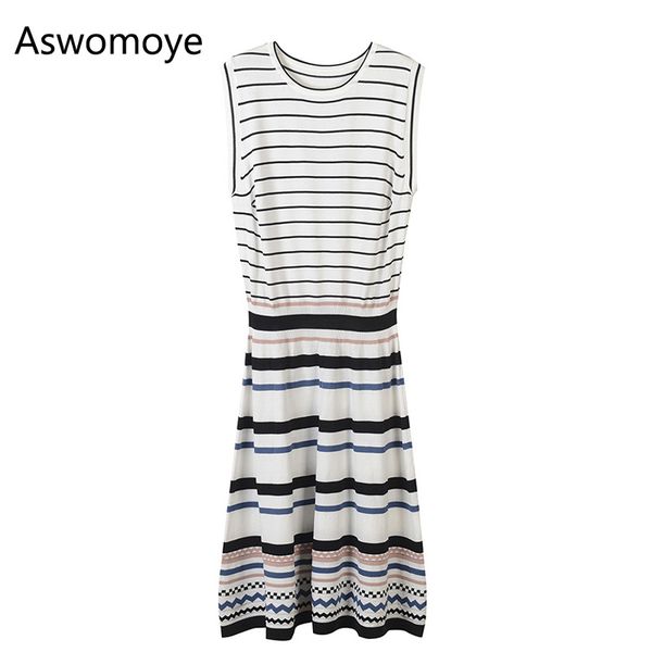 

2018 spring new fashion women sweater dress striped knitted dresses sleeveless o-neck haute couture, White;black
