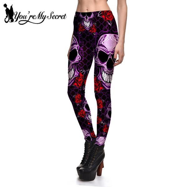 

you're my secret] 2018 new arrival leggins halloween skull rose purple women's leggings gothic style ankle pant, Black