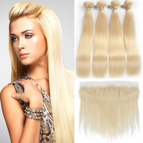 

Brazilian traight 613 blonde ear to ear 13x4 full lace frontal clo ure with 4 bundle virgin human hair blonde bundle weave exten ion