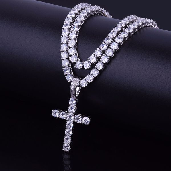 

men/women hip hop jewelry zircon cross necklace pendant necklace charm bling with 4mm tennis chain for gift drop shipping, Silver