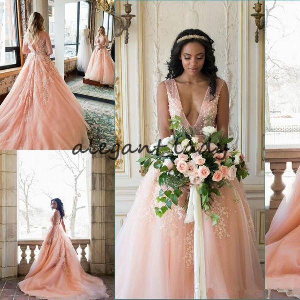 

blush pink country wedding dresses 2018 deep v neck applique pearls beaded tulle backless bridal gowns backless sweep train vestidos, White