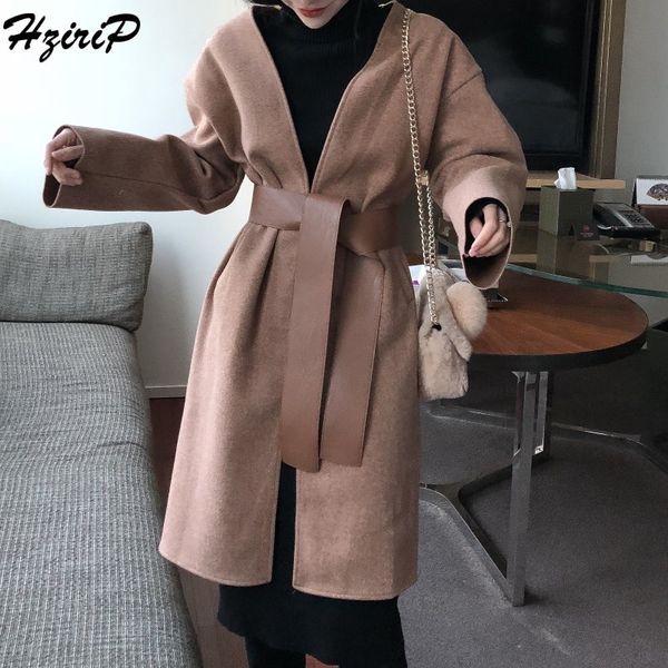 

hzirip женский осень зима все матч теплая шерсть сочетает в себе женские шерстяные пальто новая мода длинные свободные створки кардиганы тон, Black