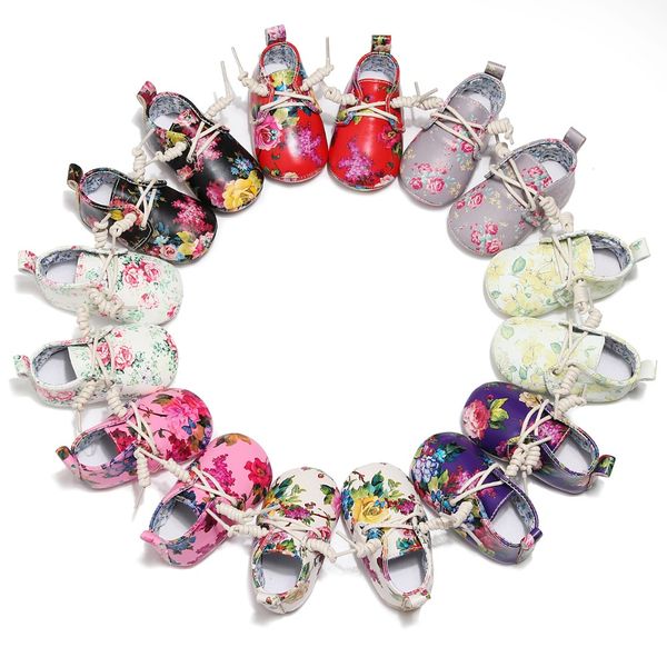 

baby girls floral style pu leather princess shoes newborn antiskid flower printing party dress fashion toddler for 0-2 years