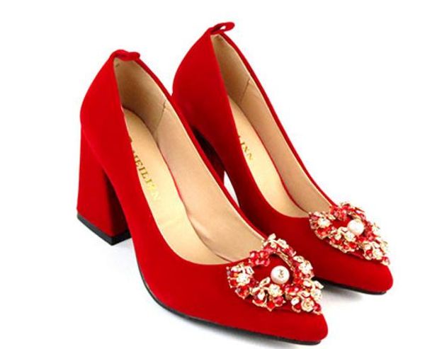 

send new style 2018 wedding shoes women high heel pointed end red bride shoes water drill coarse heel shoes heel 5cm ,7cm ,9cm, Black