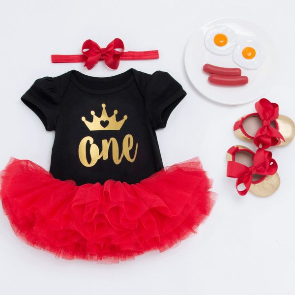 

newborn baby girl dress summer baby 1year birthday dresses toddler tutu dresses 4pcs headband+dress+romper+shoes kids clothes, Red;yellow