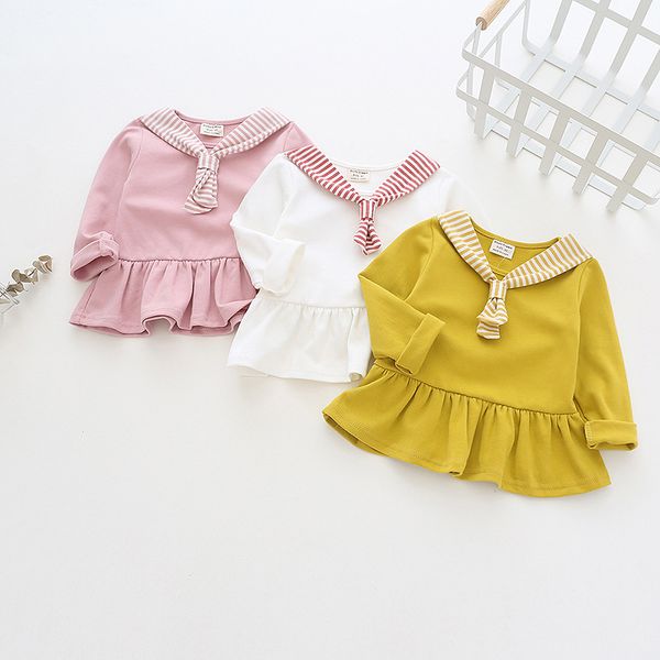 

girl kids clothing long sleeved T shirt solid color stripped collar with embroidery design girl clothing shirt 100% cotton girl shirts