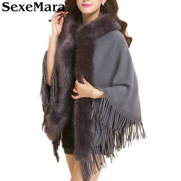 

womens capes and ponchos 2018 autumn winter women plus size hooded fur collar poncho coat knitted cardigan sweater my16, White;black