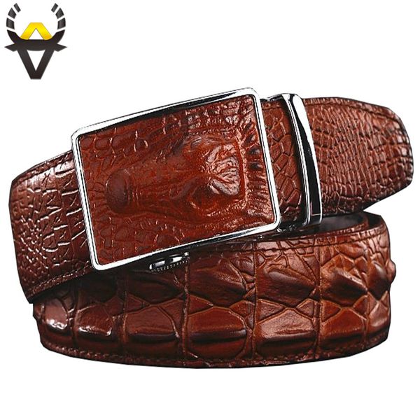 

fashion men's belts luxury genuine leather crocodile designer automatic belt man buckle real cow skin wide girdle for jeans male, Black;brown