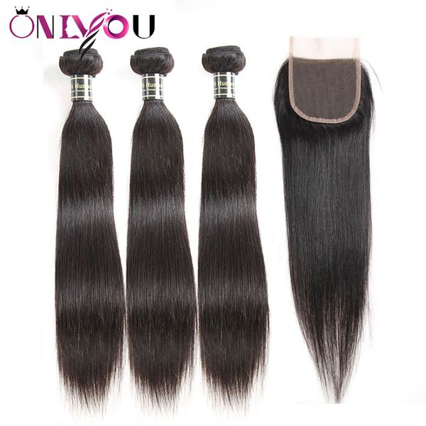 

peruvian straight human hair extensions 3 bundles with 4x4 part lace closure remy hair brazilian virgin hair wefts with closure, Black;brown