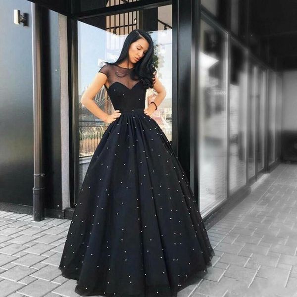 

black a-line prom dresses arabic sheer sweetheart ulle floor length beaded pearls party evening gowns