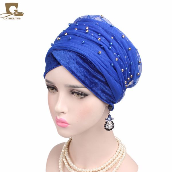 

new luxury women mass gold beaded mesh head wrap velvet nigerian turban women hijab long head scarf headscarf turbante