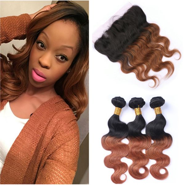Black And Auburn Ombre Peruvian Virgin Human Hair Wefts With