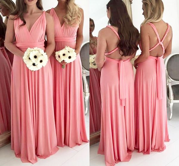 

charming elegant pink floor length long bridesmaid dresses deep v neck backless chiffon maid of honor bridesmaid dress, White;pink