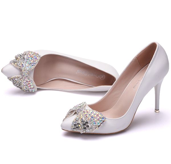 

new fashionl white pointed toe shoes for women 9cm heels handmade rhinestone bowtie wedding shoes thick heel shoes plus size, Black