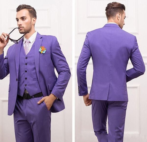 Mor Üç Parçalı Damat Smokin Bir Düğme Merkezi Vent Adam Düğün Suit Yakışıklı Erkekler Iş Yemeği Balo Blazer (Ceket + Pantolon + Kravat + Yelek) 401