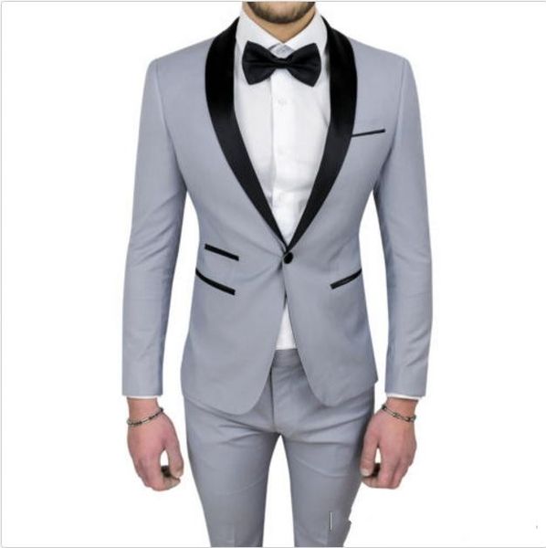 Brandneue graue Herren-Hochzeits-Smokings, hochwertiger Bräutigam-Smoking, schwarzer Schal-Revers, Mittelschlitz, Herren-Blazer, 2-teiliger Anzug (Jacke + Hose + Krawatte) 613