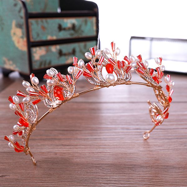 

handmade red rhinestone crystal wedding headband crown white pearls tiaras jewelry for wedding bridal hair accessories, Golden;white