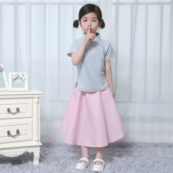 

linen chinese folk costume children summer clothes sets skirt girl hanfu kids cheongsam suit baby sleeve dress 18, Red
